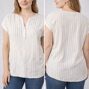 ELLEN TRACY Linen Stripe V Neck Tunic Top Blouse Shirt Womens Small